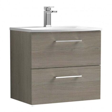 Nuie Arno Solace Oak Woodgrain 600mm Wall Hung 2 Drawer Vanity Unit and Curved Ceramic Basin - ARN2524G