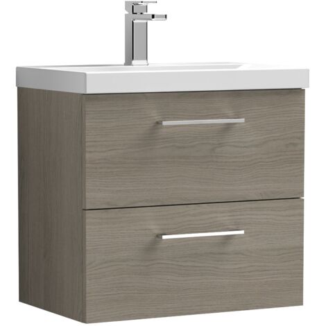 Nuie Arno Solace Oak Woodgrain 600mm Wall Hung 2 Drawer Vanity Unit and Mid Edge Ceramic Basin - ARN2524A
