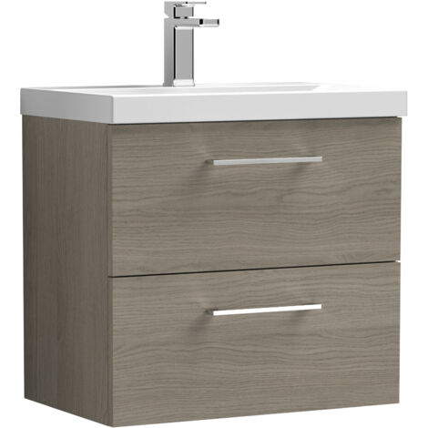 Nuie Arno Solace Oak Woodgrain 600mm Wall Hung 2 Drawer Vanity Unit and Thin Edge Ceramic Basin - ARN2524D