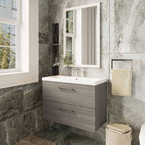 Nuie Arno Solace Oak Woodgrain 800mm Wall Hung 2 Drawer Vanity Unit and Mid Edge Ceramic Basin - ARN2526D