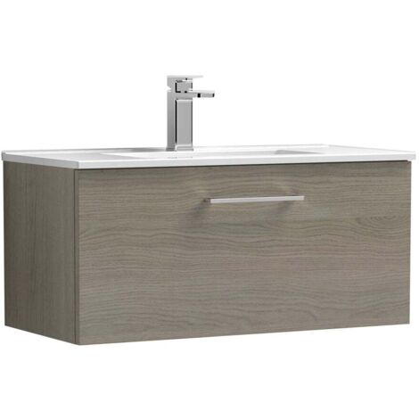 Nuie Arno Solace Oak Woodgrain 800mm Wall Hung Single Drawer Vanity Unit and Curved Ceramic Basin - ARN2525G