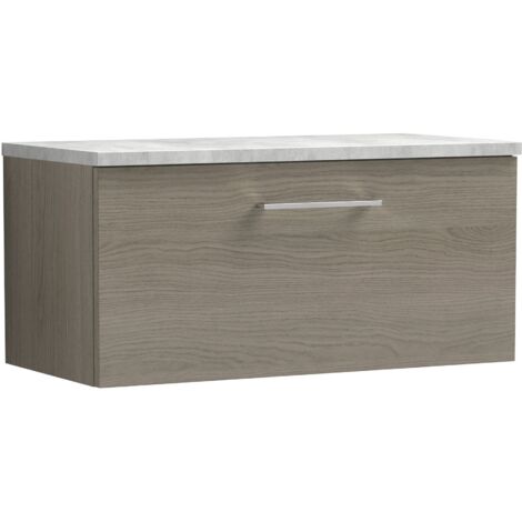 Nuie Arno Wall Hung 1-Drawer Vanity Unit with Bellato Grey Worktop 800mm Wide - Solace Oak Woodgrain