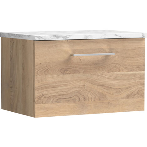 Nuie Arno Wall Hung 1-Drawer Vanity Unit with Carrera Marble Worktop 600mm Wide - Bleached Oak