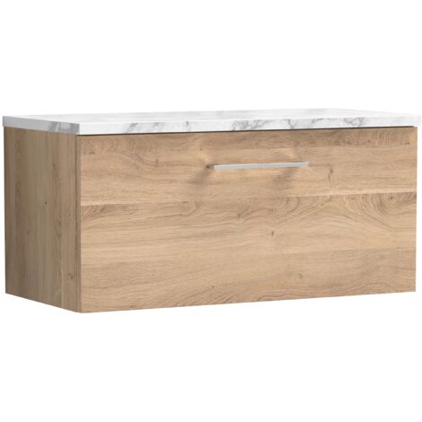 Nuie Arno Wall Hung 1-Drawer Vanity Unit with Carrera Marble Worktop 800mm Wide - Bleached Oak