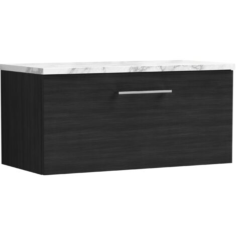 Nuie Arno Wall Hung 1-Drawer Vanity Unit with Carrera Marble Worktop 800mm Wide - Charcoal Black Woodgrain