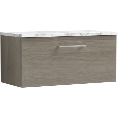 Nuie Arno Wall Hung 1-Drawer Vanity Unit with Carrera Marble Worktop 800mm Wide - Solace oak