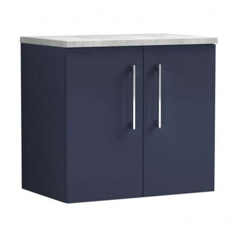 Nuie Arno Wall Hung 2-Door Vanity Unit with Bellato Grey Worktop 600mm Wide - Midnight Blue
