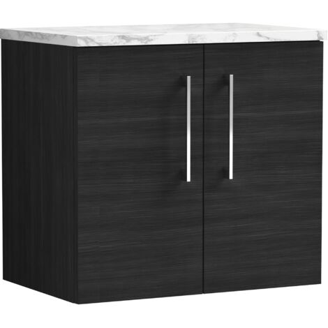 Nuie Arno Wall Hung 2-Door Vanity Unit with Carrera Marble Worktop 600mm Wide - Charcoal Black Woodgrain