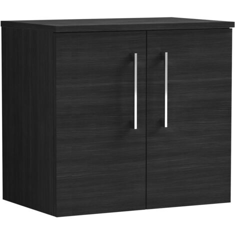 Nuie Arno Wall Hung 2-Door Vanity Unit with Worktop 600mm Wide - Black Woodgrain
