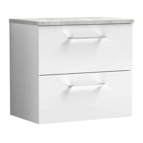 Nuie Arno Wall Hung 2-Drawer Vanity Unit with Bellato Grey Worktop 600mm Wide - Gloss White
