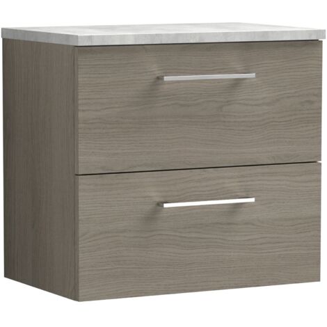 Nuie Arno Wall Hung 2-Drawer Vanity Unit with Bellato Grey Worktop 600mm Wide - Solace Oak Woodgrain