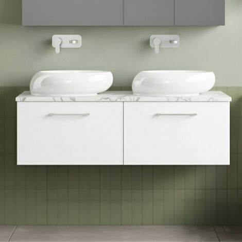 Nuie Arno Wall Hung 2-Drawer Vanity Unit with Carrera Marble Worktop 1200mm Wide - Gloss White
