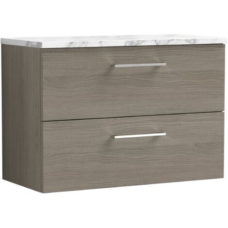 Nuie Arno Wall Hung 2-Drawer Vanity Unit with Carrera Marble Worktop 800mm Wide - Solace oak
