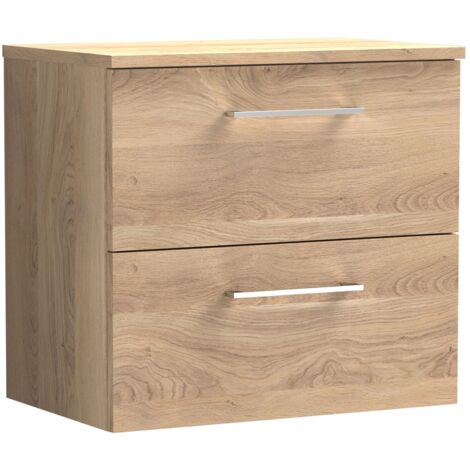 Nuie Arno Wall Hung 2-Drawer Vanity Unit with Worktop 600mm Wide - Bleached Oak