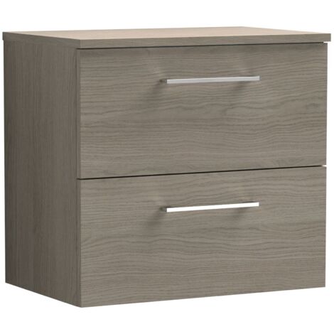Nuie Arno Wall Hung 2-Drawer Vanity Unit with Worktop 600mm Wide - Solace Oak Woodgrain
