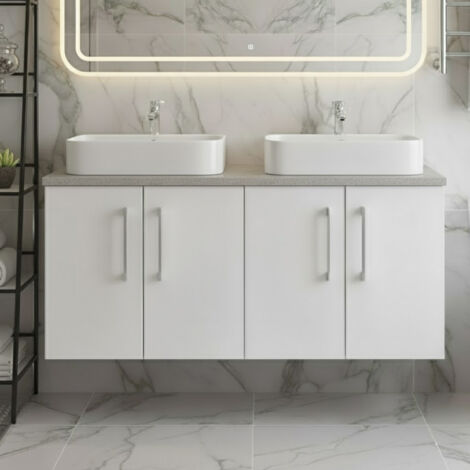 Nuie Arno Wall Hung 4-Door Vanity Unit with Bellato Grey Worktop 1200mm Wide - Gloss White