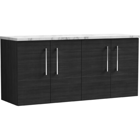 Nuie Arno Wall Hung 4-Door Vanity Unit with Carrera Marble Worktop 1200mm Wide - Charcoal Black Woodgrain