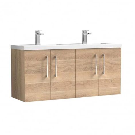Nuie Arno Wall Hung 4-Door Vanity Unit with Double Polymarble Basin 1200mm Wide - Bleached Oak