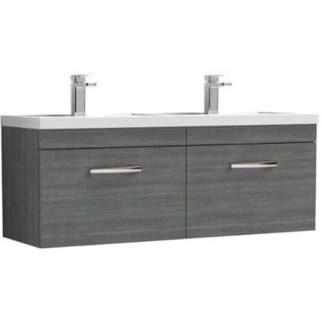 Nuie Athena Anthracite Woodgrain 1200mm Wall Hung 2 Drawer Vanity Unit and Double Polymarble Basins - ATH039C