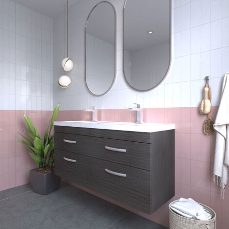 Nuie Athena Anthracite Woodgrain 1200mm Wall Hung 4 Drawer Vanity Unit and Double Ceramic Basins - ATH046F