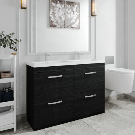 Nuie Athena Charcoal Black Woodgrain 1200mm 4 Drawer Vanity Unit and Double Ceramic Basins - ATH033F