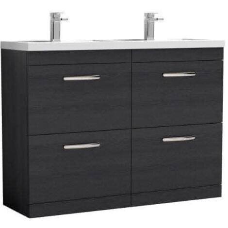 Nuie Athena Charcoal Black Woodgrain 1200mm 4 Drawer Vanity Unit and Double Polymarble Basins - ATH033C