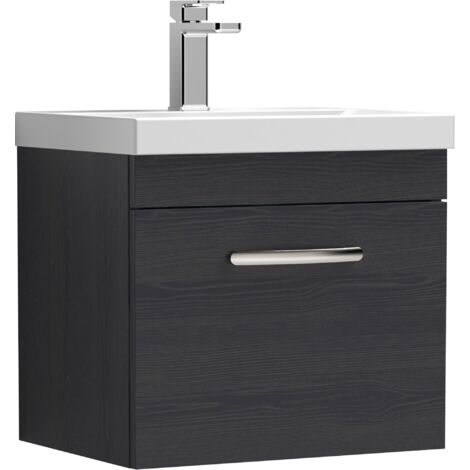 Nuie Athena Charcoal Black Woodgrain 500mm Wall Hung Single Drawer Vanity Unit and Mid Edge Ceramic Basin - ATH012A