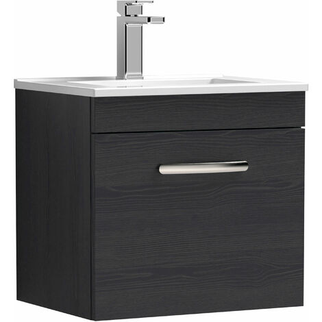 Nuie Athena Charcoal Black Woodgrain 500mm Wall Hung Single Drawer Vanity Unit and Minimalist Ceramic Basin - ATH012B
