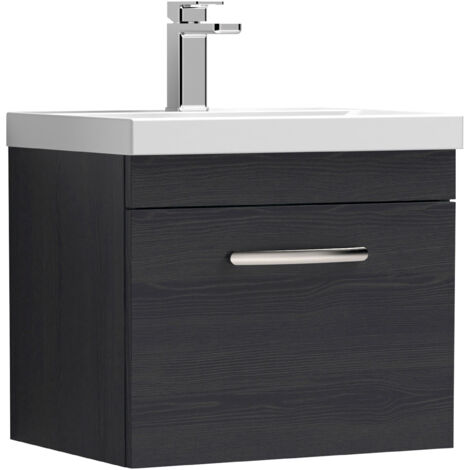 Nuie Athena Charcoal Black Woodgrain 500mm Wall Hung Single Drawer Vanity Unit and Thin Edge Ceramic Basin - ATH012D