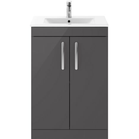 Nuie Athena Floor Standing 2-Door Vanity Unit with Basin-2 600mm Wide - Gloss Grey