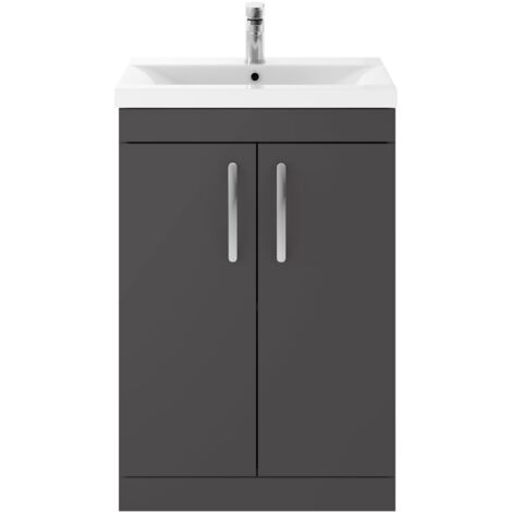 Nuie Athena Floor Standing 2-Door Vanity Unit with Basin-3 600mm Wide - Gloss Grey