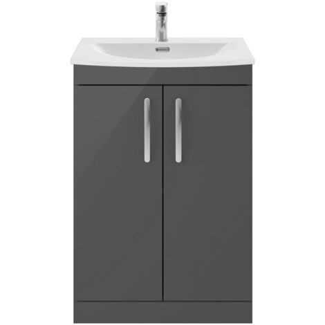 Nuie Athena Floor Standing 2-Door Vanity Unit with Basin-4 600mm Wide - Gloss Grey