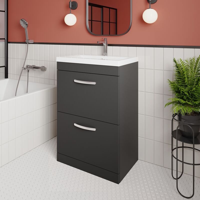 Athena Floor Standing 2-Drawer Vanity Unit with Basin-4 600mm Wide - Gloss Grey - Nuie