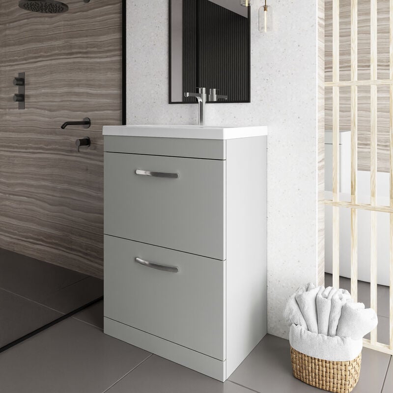 Nuie Athena Floor Standing 2-Drawer Vanity Unit with Basin-4 600mm Wide - Gloss Grey Mist