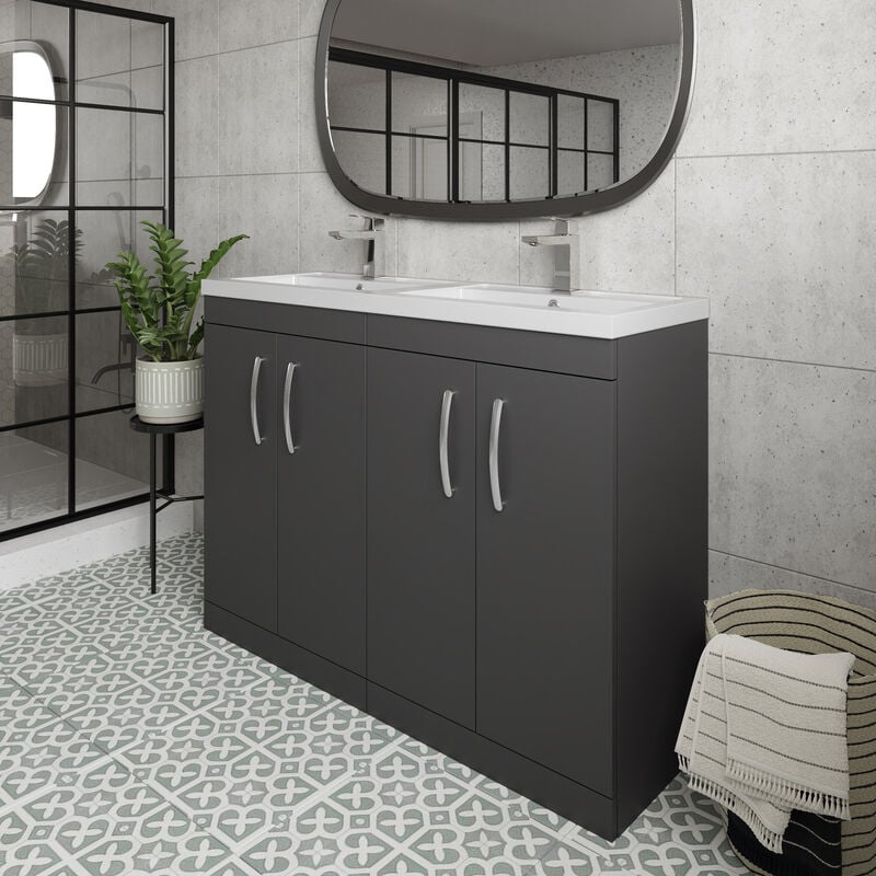 Athena Floor Standing 4-Door Vanity Unit with Double Ceramic Basin 1200mm Wide - Gloss Grey - Nuie