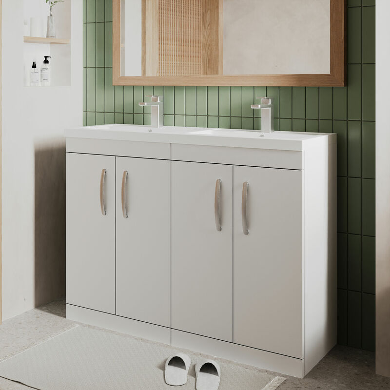 Athena Floor Standing 4-Door Vanity Unit with Double Ceramic Basin 1200mm Wide - Gloss White - Nuie