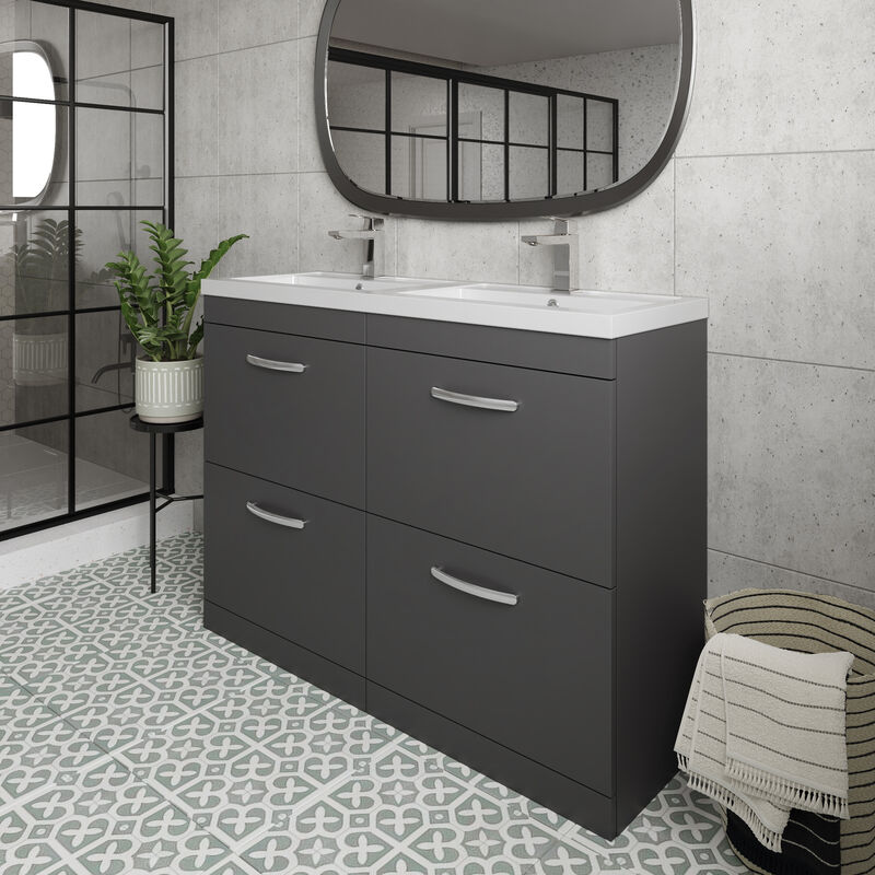 Athena Floor Standing 4-Drawer Vanity Unit with Double Ceramic Basin 1200mm Wide - Gloss Grey - Nuie