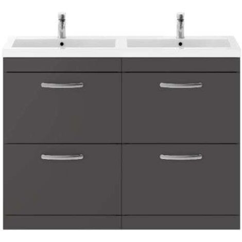 Nuie Athena Gloss Grey 1200mm 4 Drawer Vanity Unit and Double Polymarble Basins - ATH076C