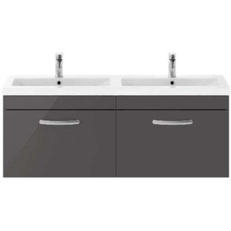Nuie Athena Gloss Grey 1200mm Wall Hung 2 Drawer Vanity Unit and Double Ceramic Basins - ATH077F
