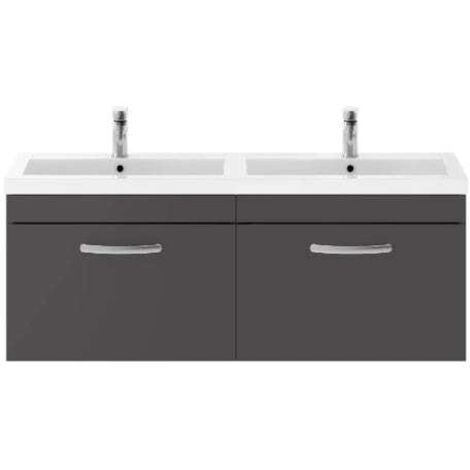 Nuie Athena Gloss Grey 1200mm Wall Hung 2 Drawer Vanity Unit and Double Polymarble Basins - ATH077C