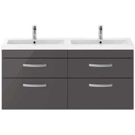 Nuie Athena Gloss Grey 1200mm Wall Hung 4 Drawer Vanity Unit and Double Ceramic Basins - ATH078F
