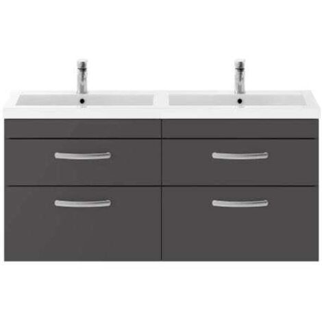Nuie Athena Gloss Grey 1200mm Wall Hung 4 Drawer Vanity Unit and Double Polymarble Basins - ATH078C