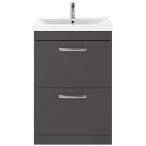 Nuie Athena Gloss Grey 600mm 2 Drawer Vanity Unit and Thin Edge Ceramic Basin - ATH076D