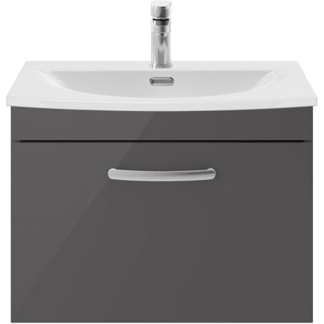 Nuie Athena Gloss Grey 600mm Wall Hung Single Drawer Vanity Unit and Curved Ceramic Basin - ATH077G