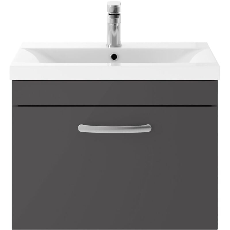 Athena Wall Hung 1-Drawer Vanity Unit with Basin-3 600mm Wide - Gloss Grey - Nuie