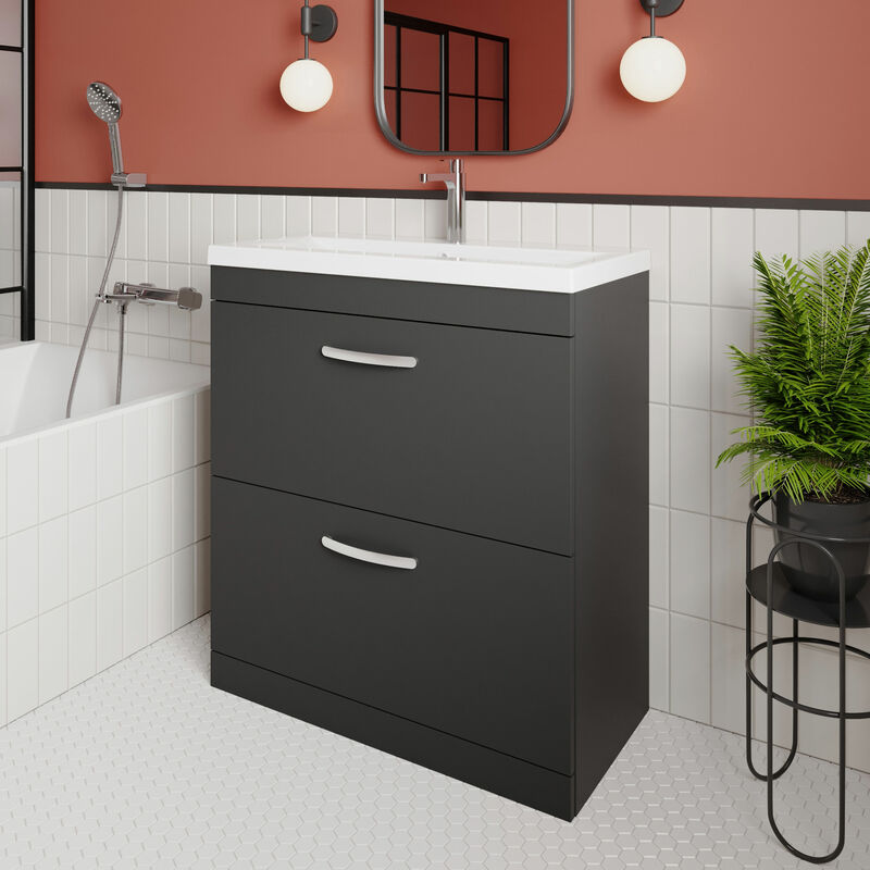Athena Floor Standing 2-Drawer Vanity Unit with Basin-3 800mm Wide - Gloss Grey - Nuie