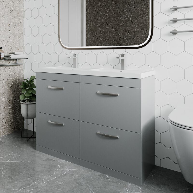Athena Floor Standing 4-Drawer Vanity Unit with Double Basin 1200mm Wide - Gloss Grey Mist - Nuie