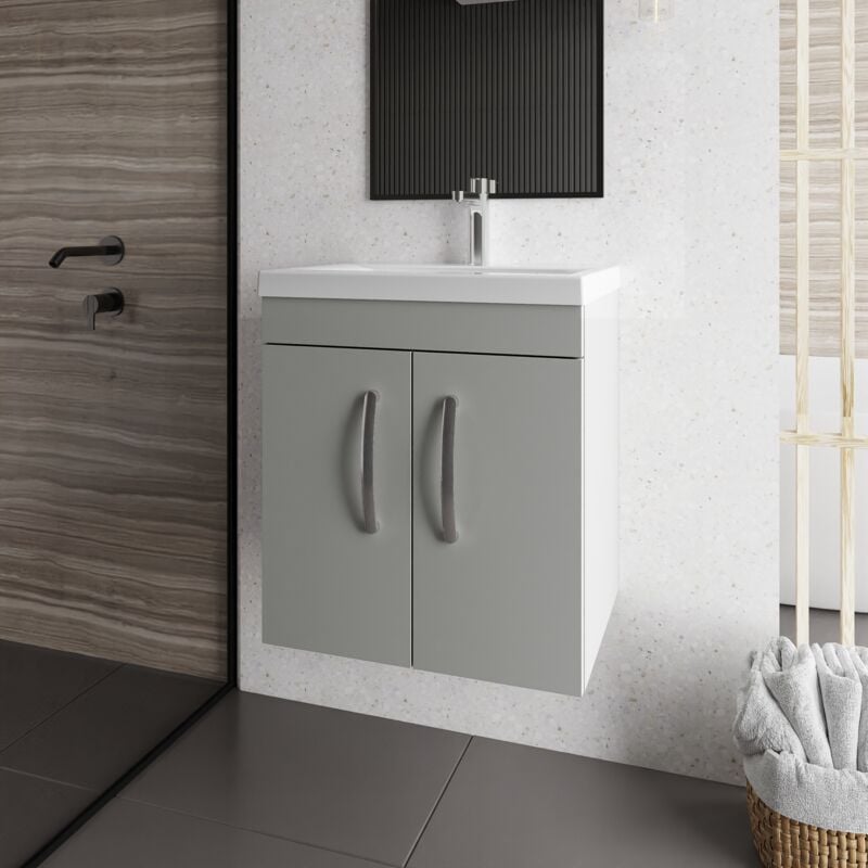 Athena Wall Hung 2-Door Vanity Unit with Basin-2 500mm Wide - Gloss Grey Mist - Nuie