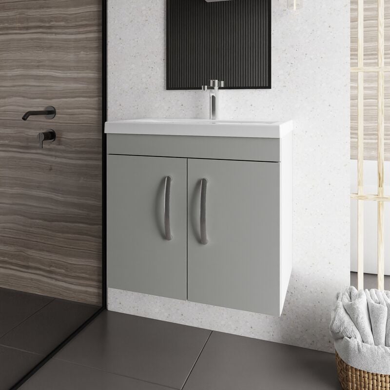 Athena Wall Hung 2-Door Vanity Unit with Basin-2 600mm Wide - Gloss Grey Mist - Nuie