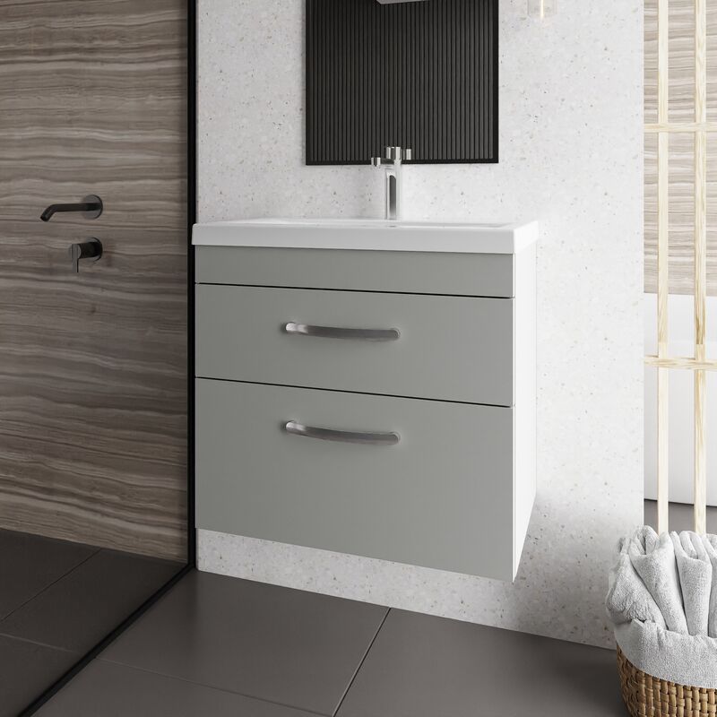 Athena Wall Hung 2-Drawer Vanity Unit with Basin-2 600mm Wide - Gloss Grey Mist - Nuie